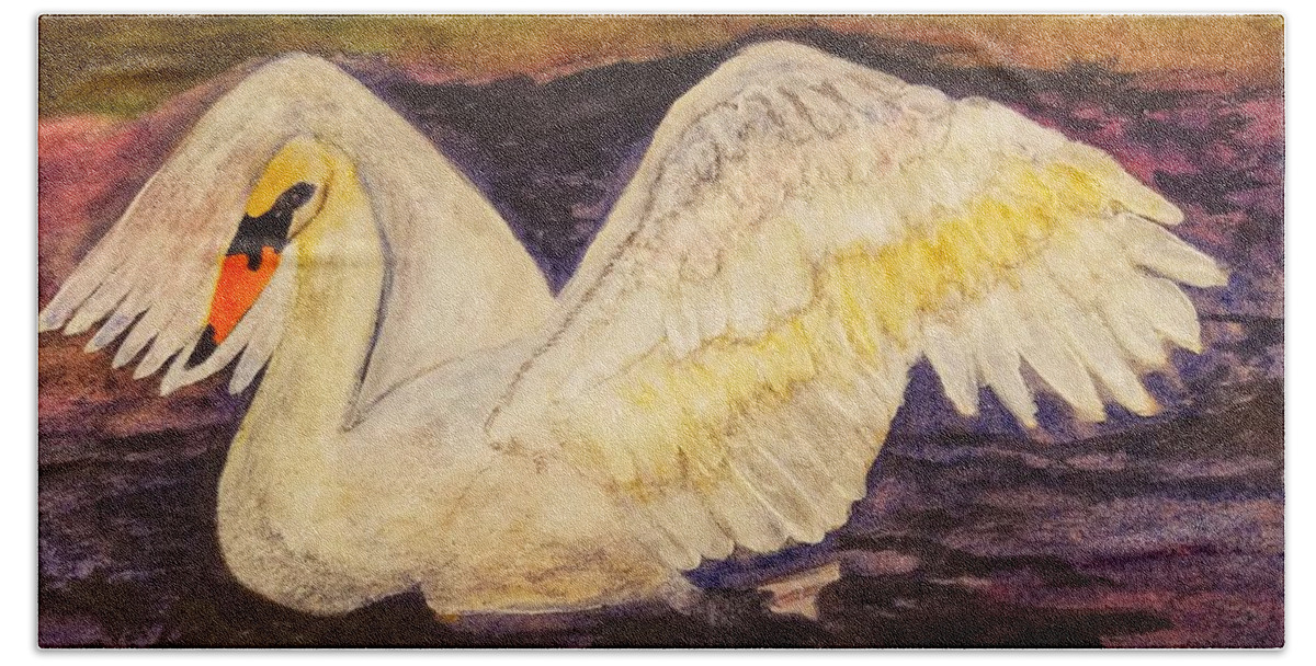 Swan Hand Towel featuring the painting Swan At Dusk by Shady Lane Studios-Karen Howard