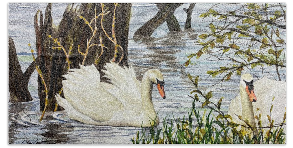 Swan Bath Towel featuring the painting Swans by Joseph Burger