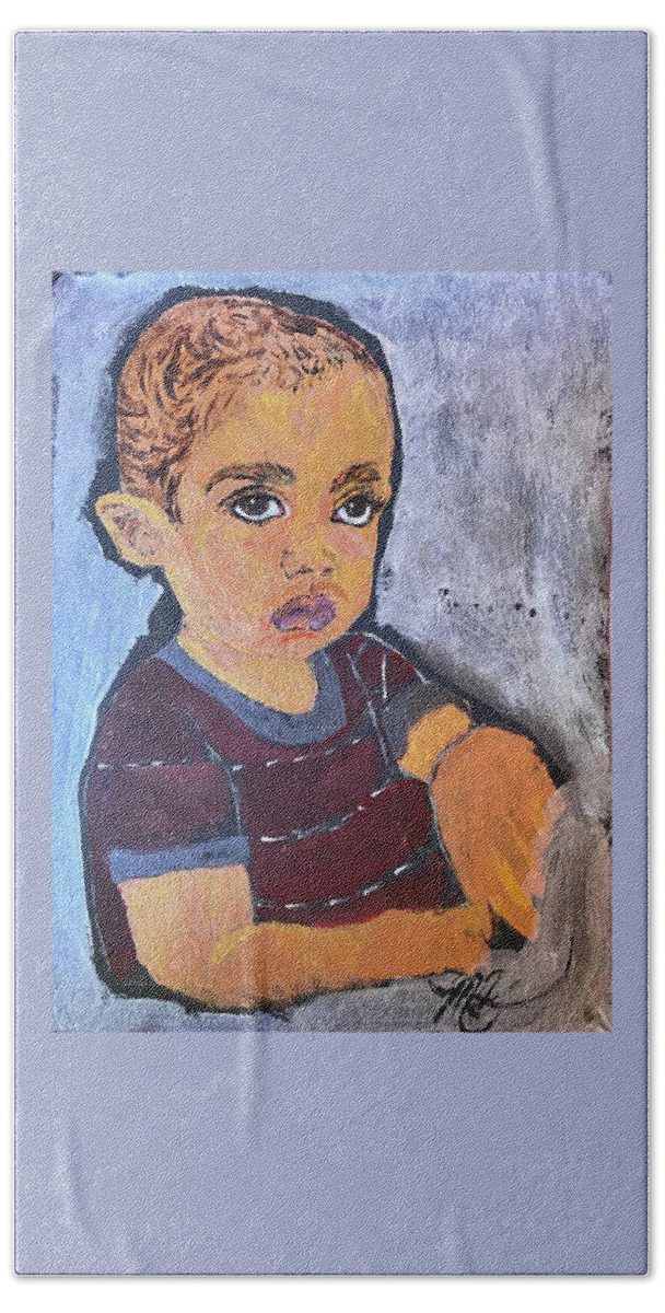 African-american Bath Towel featuring the painting African-american Boy Sorrow by Melody Fowler