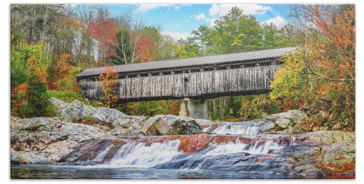 Swiftwater Hand Towel featuring the photograph Swiftwater Covered Bridge in Bath, New Hampshire by Mihai Andritoiu