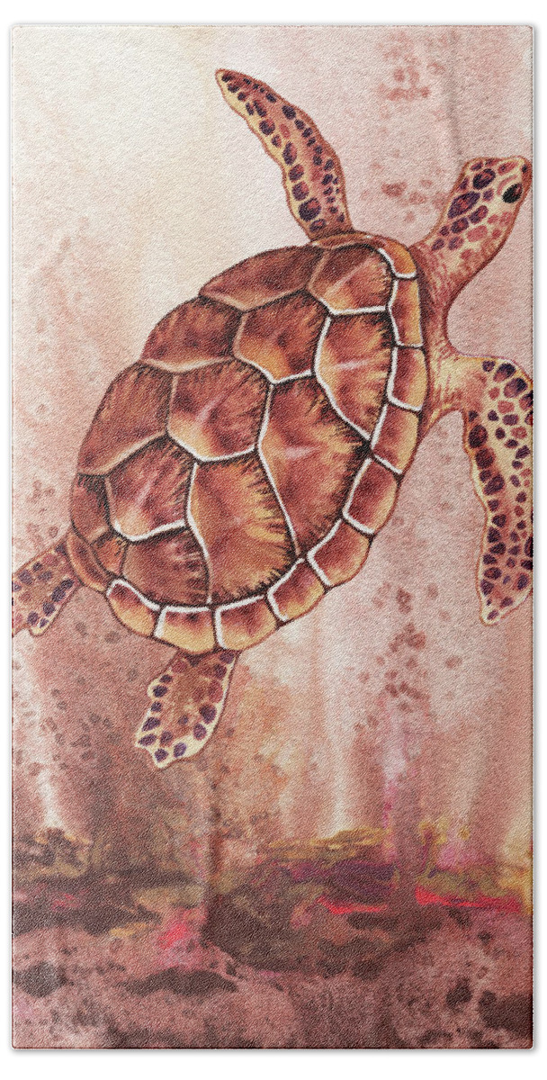 Giant Bath Towel featuring the painting Swimming Free Under The Ocean Giant Sea Turtle Watercolor by Irina Sztukowski