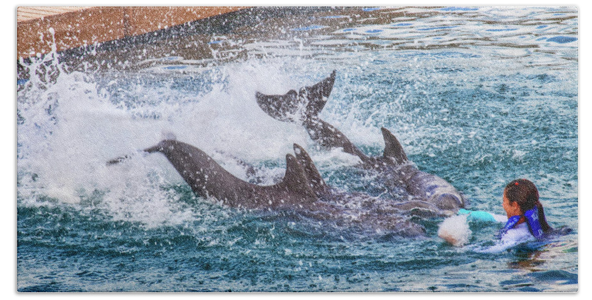 Swimming With Dolphins Bath Towel featuring the photograph Swimming with dolphins, Xcaret, Mexico by Tatiana Travelways