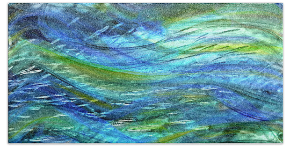 Blue Green Abstract Bath Towel featuring the digital art Swimming with Fishes by Peggy Collins