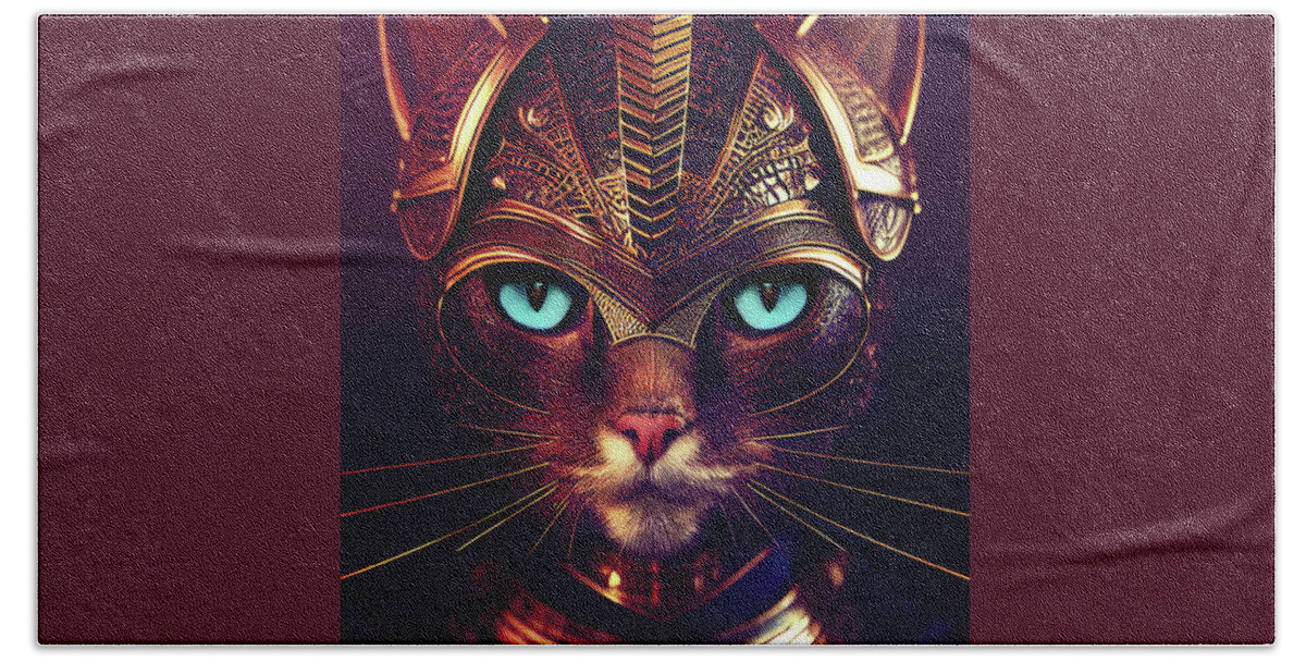 Cat Warriors Bath Towel featuring the digital art Tabitha the Tabby Cat Warrior by Peggy Collins
