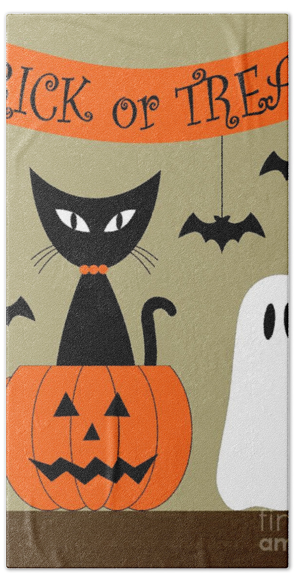 Mid Century Cat Bath Towel featuring the digital art Tabletop Cat in Jack O'Lantern 2 by Donna Mibus