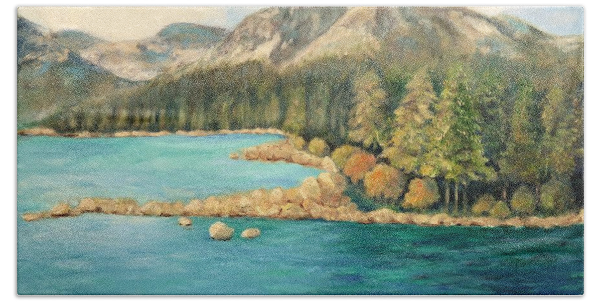 Lake Hand Towel featuring the painting Tahoe in Early Fall by Laurie Morgan