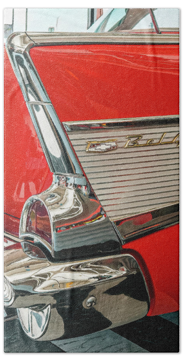 © 2012 Lou Novick Bath Towel featuring the photograph Tail Fin 1956 Chevy Bel Air by Lou Novick