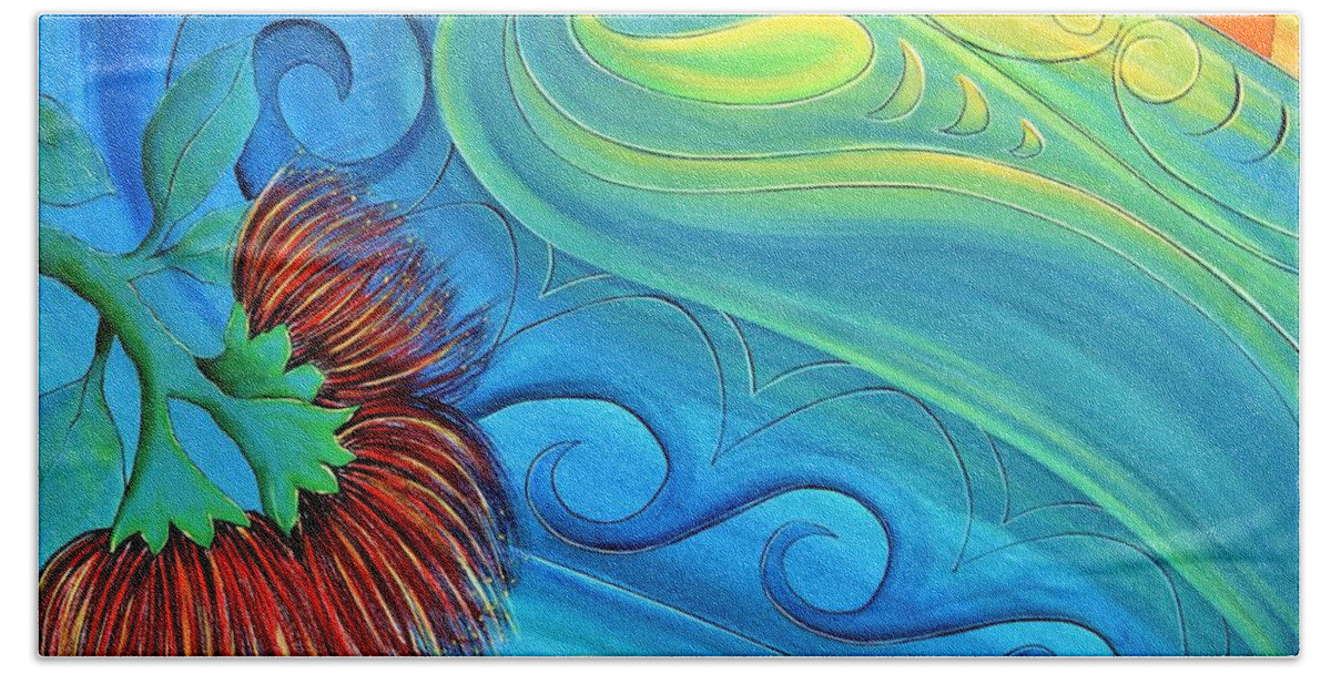 Sunrise Bath Towel featuring the painting Tairua Sunrise by Reina Cottier