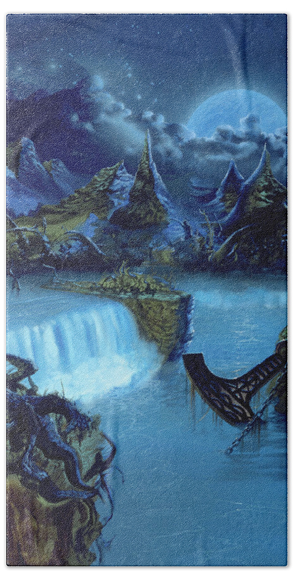 Amorphis Bath Towel featuring the painting Tales from the Thousand Lakes by Sv Bell