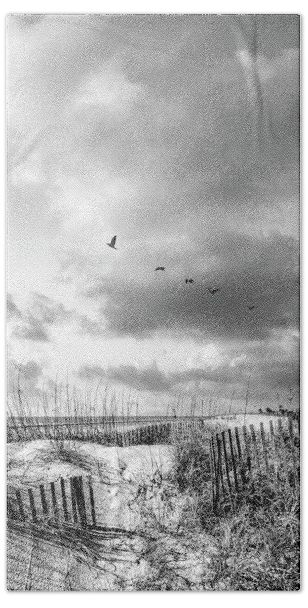 Black Bath Towel featuring the photograph Tall Clouds over the Dunes Black and White by Debra and Dave Vanderlaan