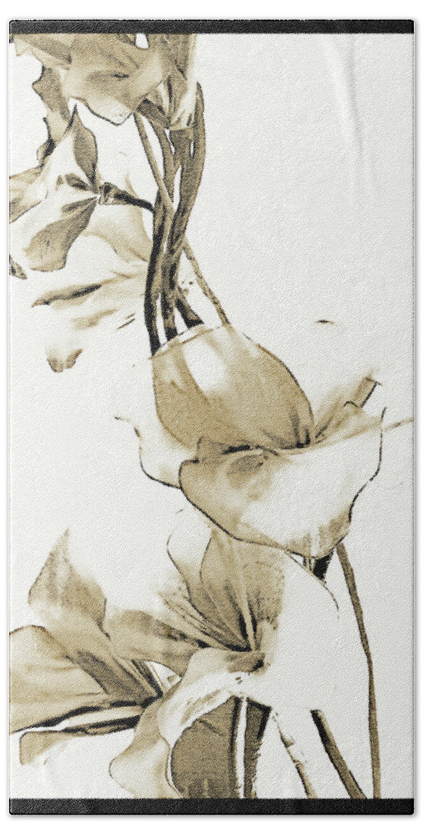 Still Life Hand Towel featuring the mixed media Tall Flowers Sepia by Sharon Williams Eng