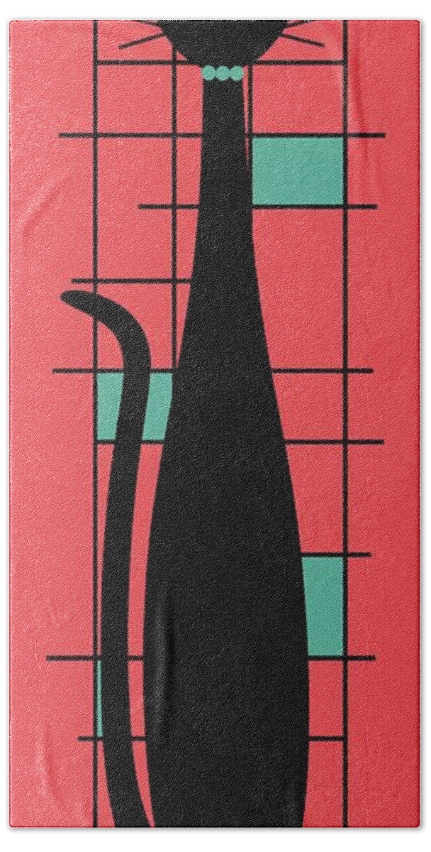 Mid Century Modern Cat Bath Towel featuring the digital art Tall Mondrian Cat on Salmon Pink by Donna Mibus