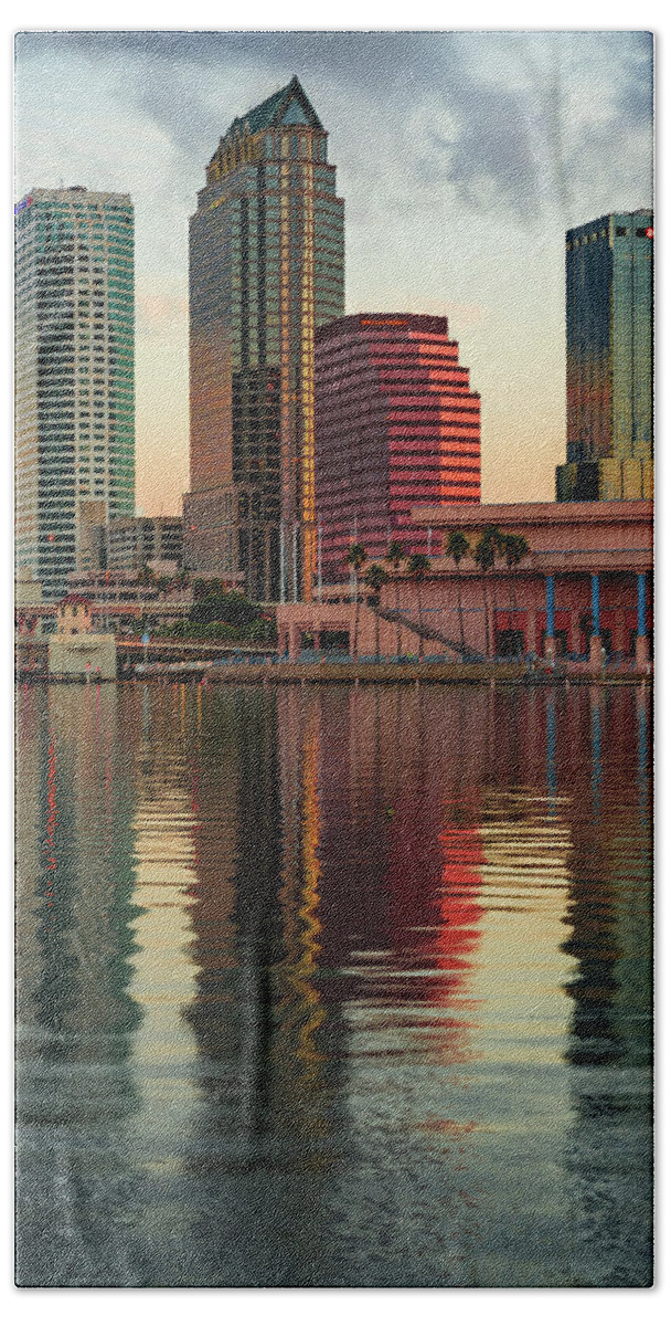 Tampa Bay Skyline Hand Towel featuring the photograph Tampa Bay Skyline Reflections and Cityscape by Gregory Ballos