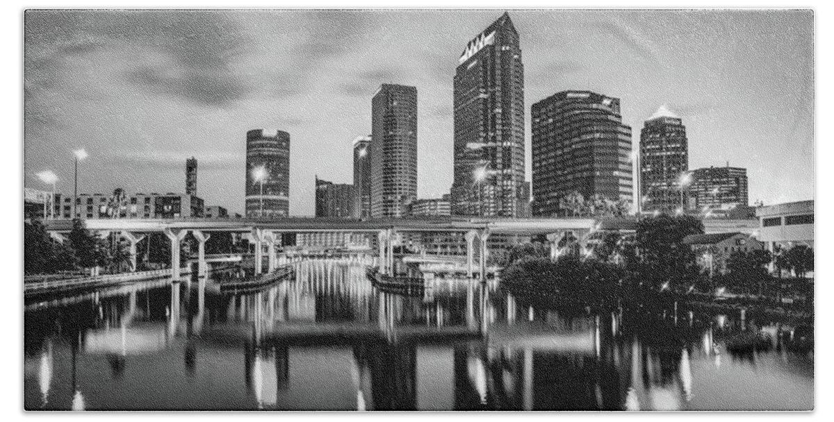 Tampa Skyline Panorama Hand Towel featuring the photograph Tampa Florida Skyline Panorama in Black and White by Gregory Ballos