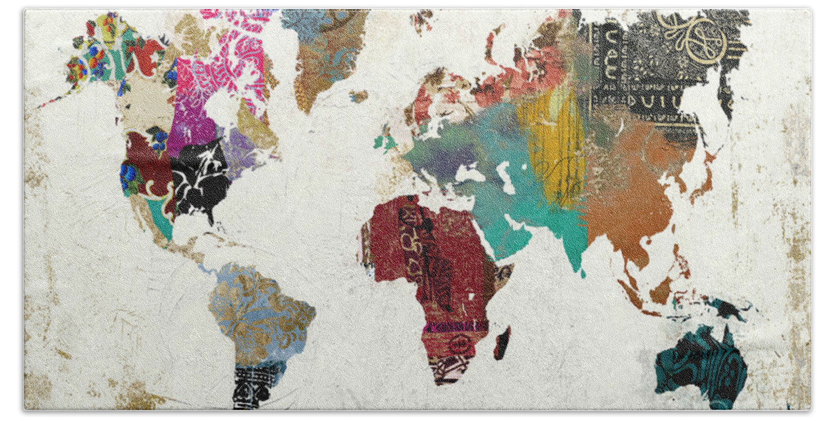 World Map Hand Towel featuring the painting Tapestry World by Mindy Sommers