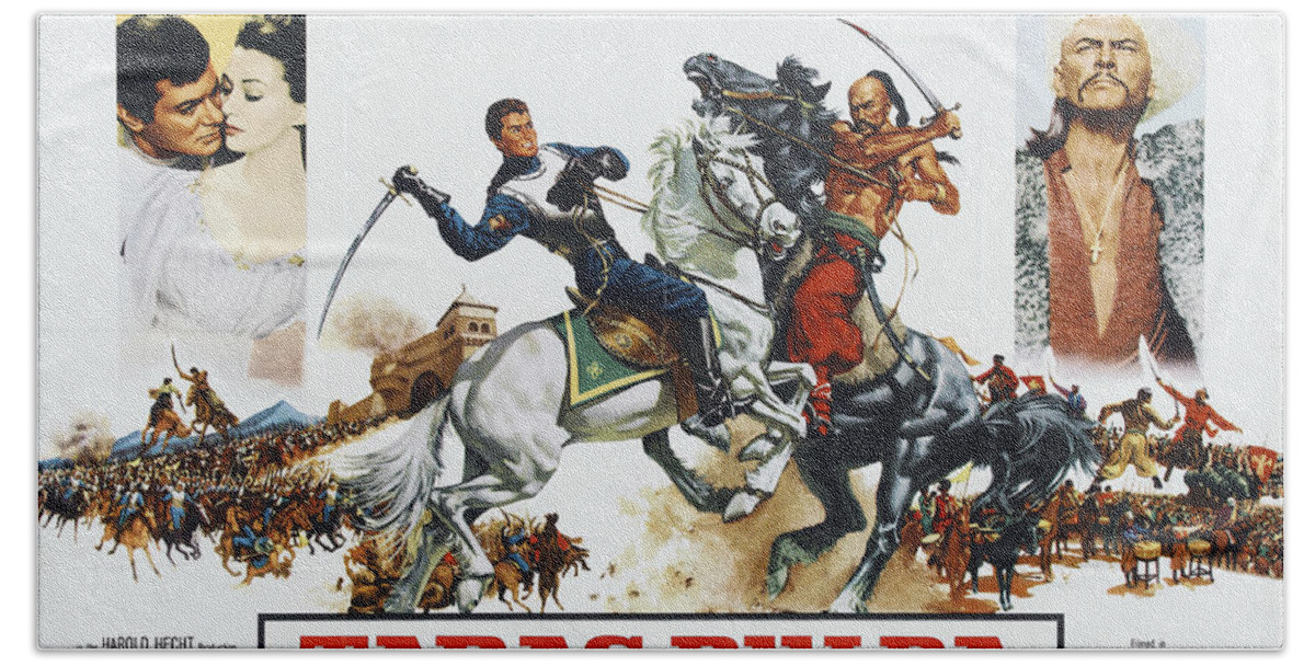Frank Bath Towel featuring the mixed media ''Taras Bulba'', 1962 - art by Frank McCarthy by Movie World Posters