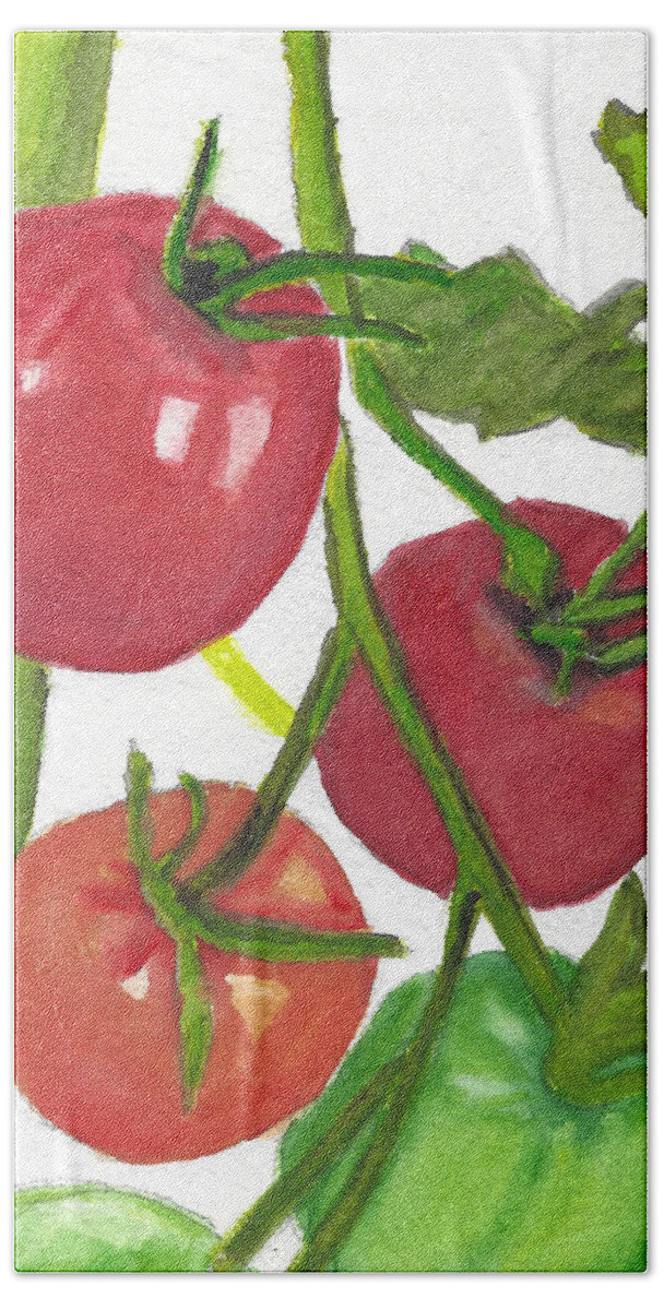Vegetable Bath Towel featuring the painting Taste of Summer Vine Ripe Tomatoes Watercolor Painting by Ali Baucom
