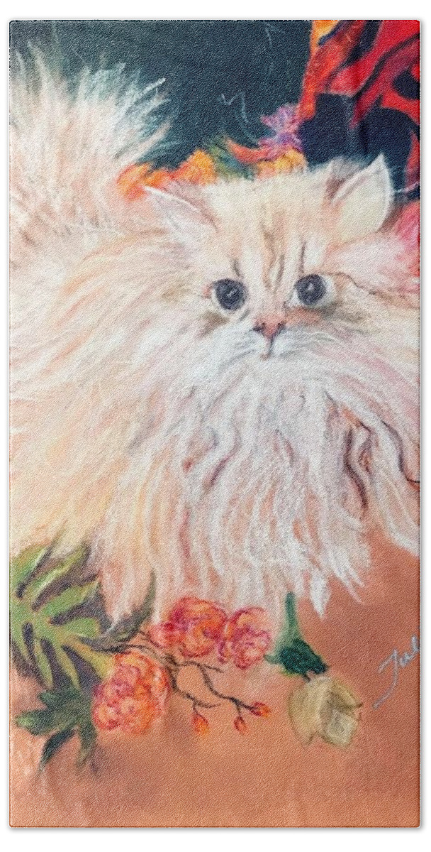 Persian Cat Hand Towel featuring the pastel Tawny by Juliette Becker