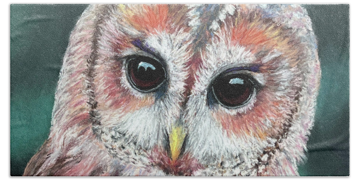 Owl Bath Towel featuring the pastel Tawny Owl by Lyn DeLano