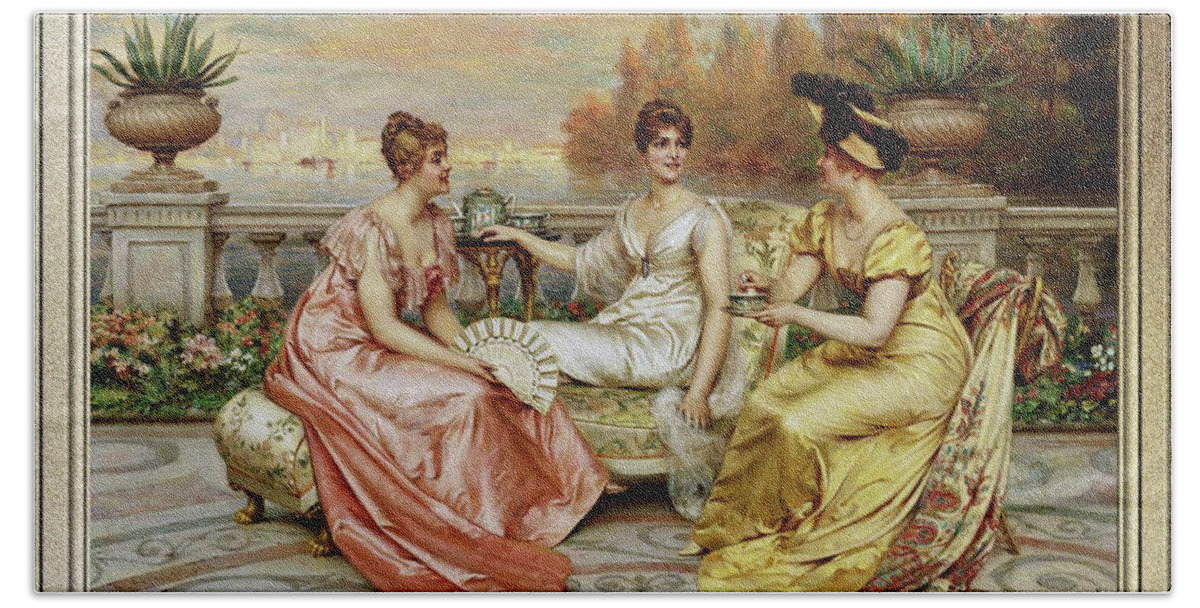 Tea On The Terrace Bath Towel featuring the painting Tea on the Terrace by Frederic Soulacroix by Rolando Burbon