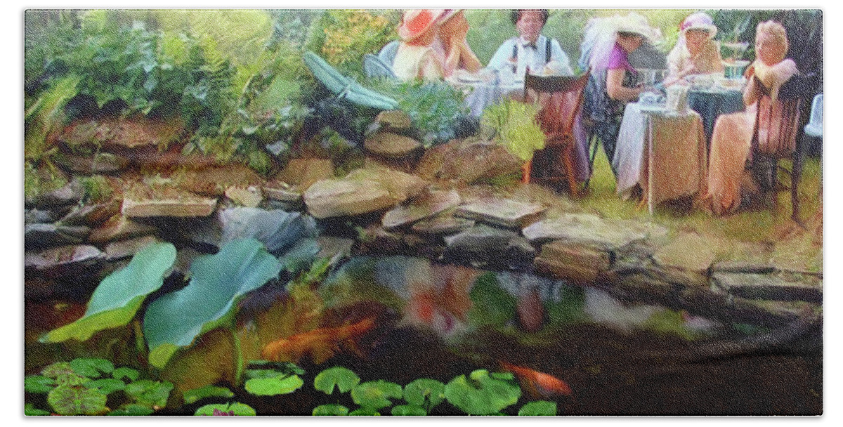 Tea Party Hand Towel featuring the painting Tea Party at the Pond by Joel Smith