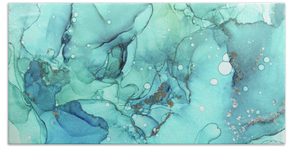 Ink Hand Towel featuring the painting Teal Blue Chrome Abstract Ink by Olga Shvartsur