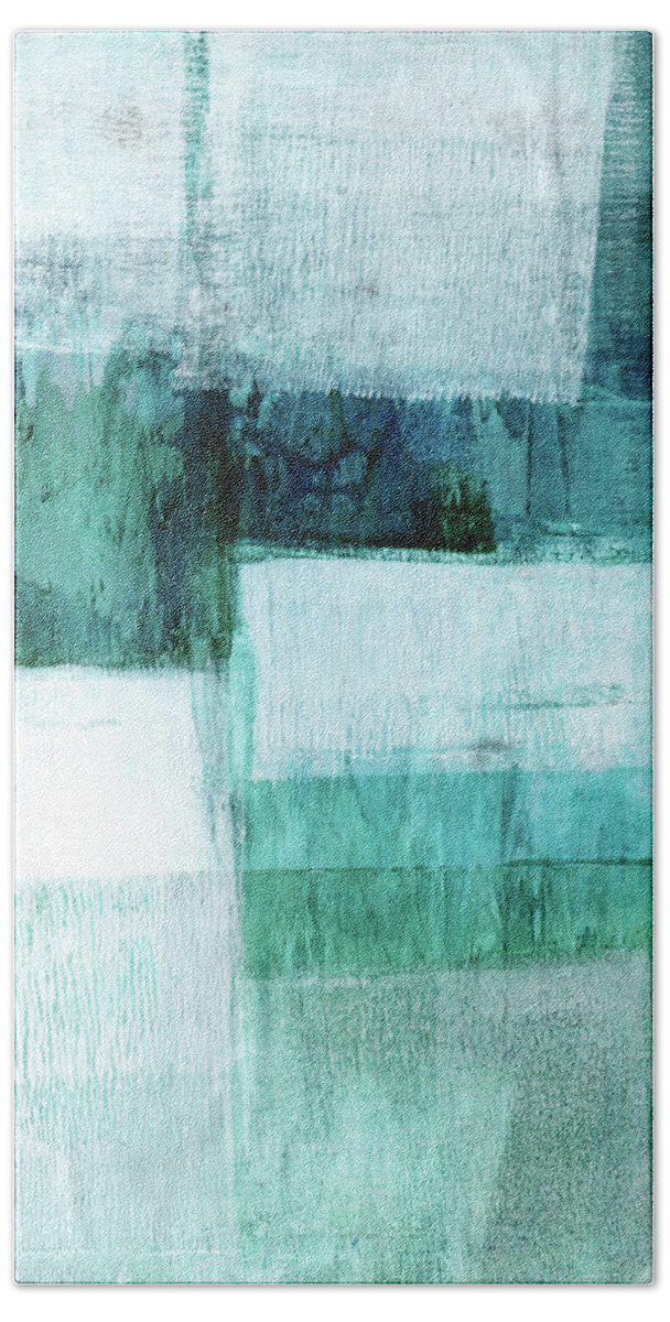 Teal Bath Towel featuring the painting Teal Blue Green Geometric Abstract Painting by Janine Aykens