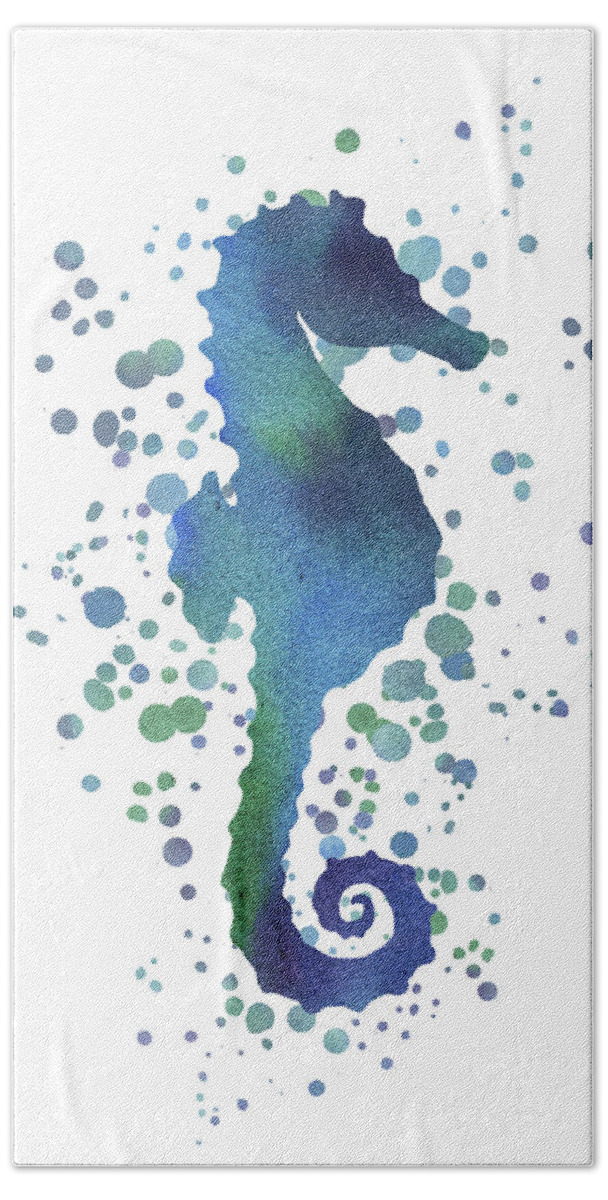 Dot Hand Towel featuring the painting Teal Blue Seahorse And Watercolor Dots Silhouette by Irina Sztukowski