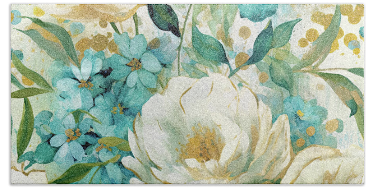 Botanical Flowers Hand Towel featuring the painting Teal Botanical Flowers by Tina LeCour