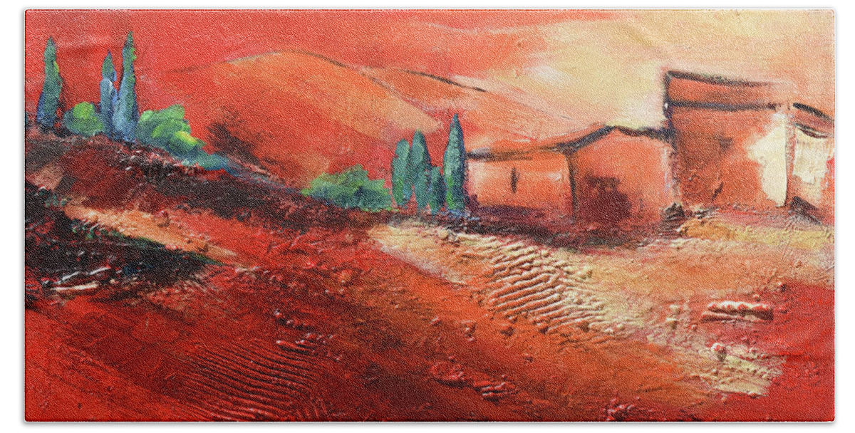 Red Land Bath Towel featuring the painting Terra di Siena in Tuscany by Elise Palmigiani