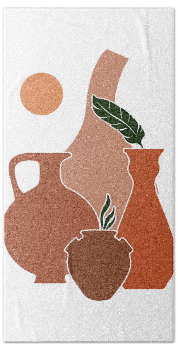 Vases Hand Towel featuring the mixed media Terracotta Art - Greek Vases 04 - Modern, Minimal, Contemporary Abstract - Brown, Burnt Sienna by Studio Grafiikka