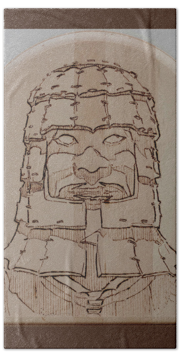 Pyrography Bath Towel featuring the pyrography Terracotta Warrior - Unearthed by Sean Connolly