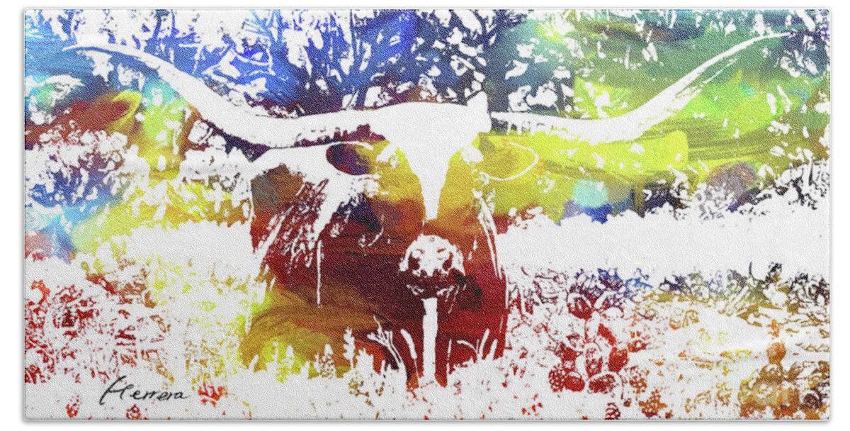 Longhorn Hand Towel featuring the painting Texas Longhorn Front View - Abstract Colors by Hailey E Herrera