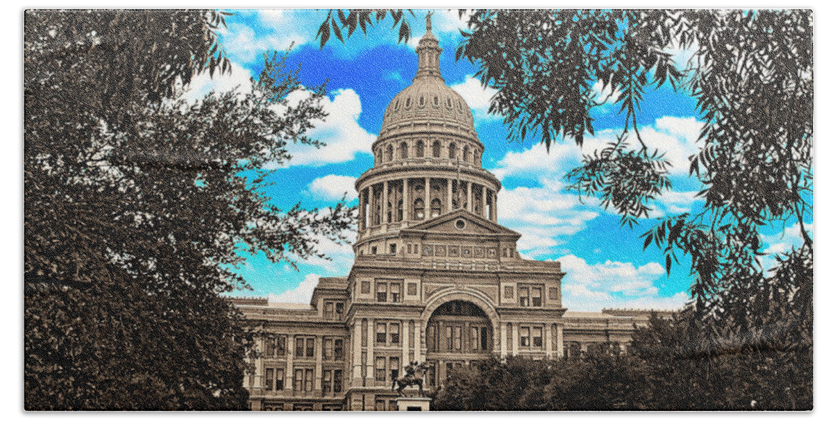 Texas State Capitol Bath Towel featuring the digital art Texas State Capitol in Austin - Black and white, with the blue sky isolated by Nicko Prints