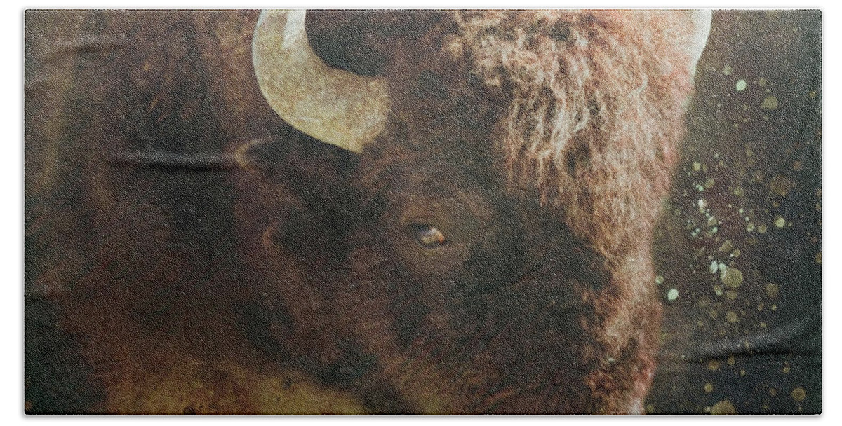 Grunge Style Bison Bath Towel featuring the mixed media Textured Bison Portrait by Dan Sproul