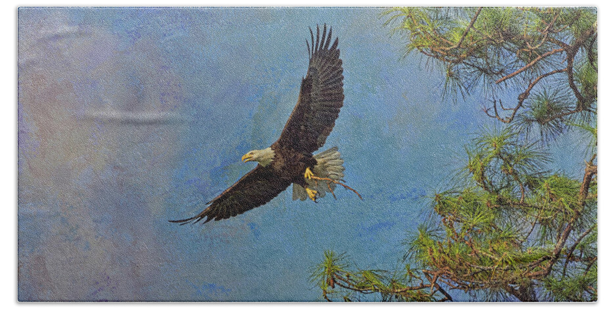 Eagle Bath Towel featuring the photograph Textured Eagle With Twig by Deborah Benoit