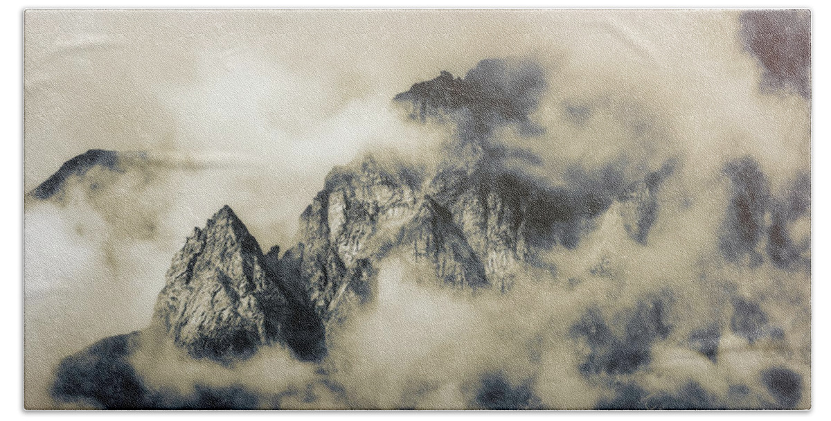 Mountain Mood Bath Towel featuring the photograph Textured Moody Mountains Panorama by Dan Sproul