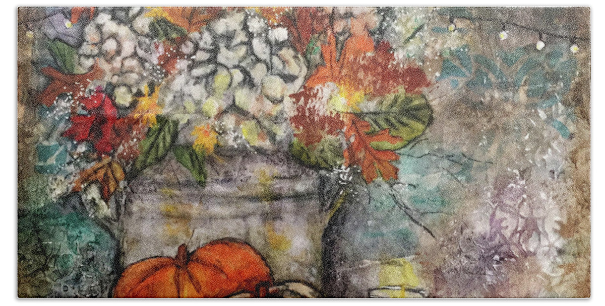 Thanksgiving Bath Towel featuring the mixed media Thanksgiving Light by Janis Lee Colon