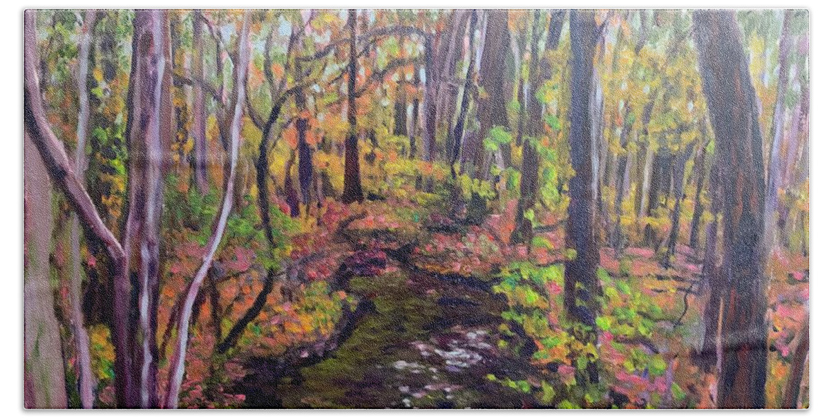 Woods Stream Fall Trees Trail Hand Towel featuring the painting Thanksgiving woods by Beth Riso