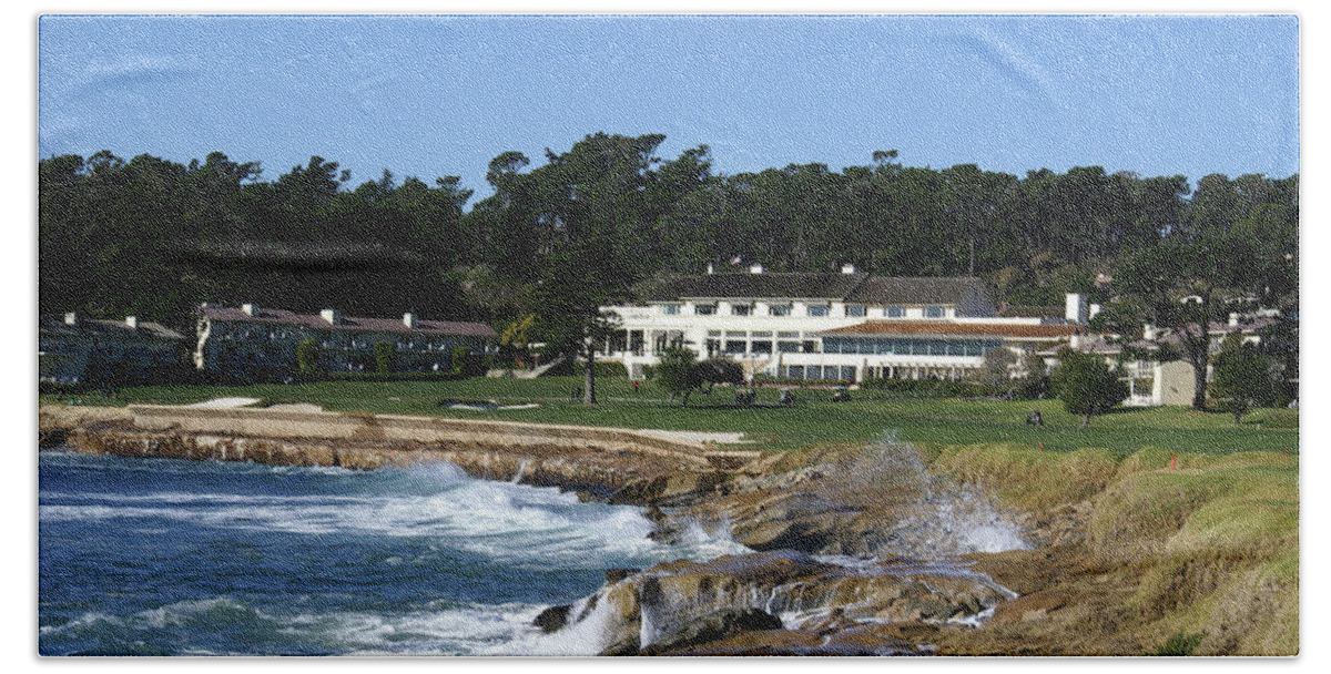 The 18th At Pebble Hand Towel featuring the photograph The 18th At Pebble Beach by Barbara Snyder