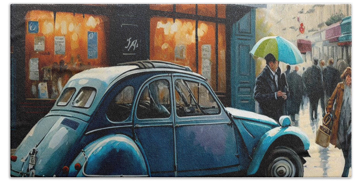 Car Hand Towel featuring the painting The 2 CV by My Head Cinema