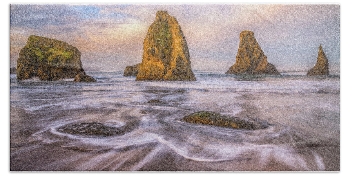 Bandon Hand Towel featuring the photograph The 4 Horsemen of the Coast by Darren White