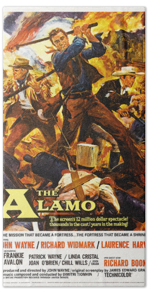 Reynold Bath Towel featuring the mixed media ''The Alamo'', 1960 - art by Reynold Brown by Movie World Posters