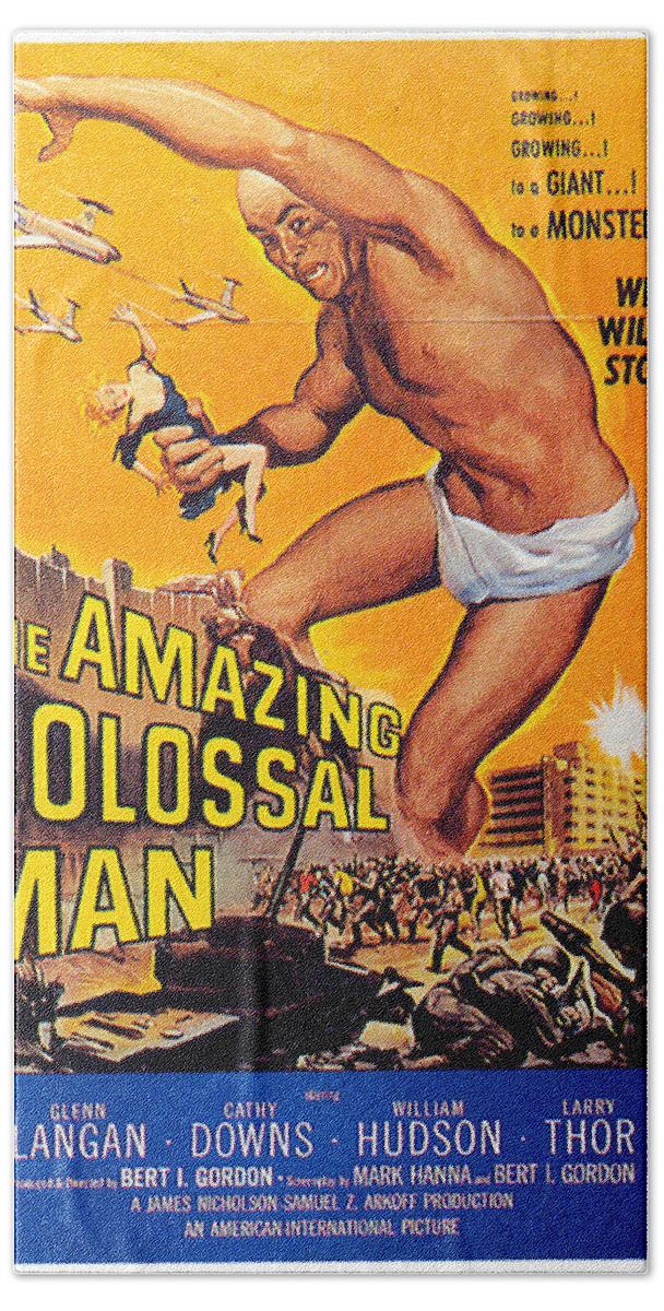 Amazing Hand Towel featuring the mixed media ''The Amazing Colossal Man'' movie poster 1957 by Movie World Posters