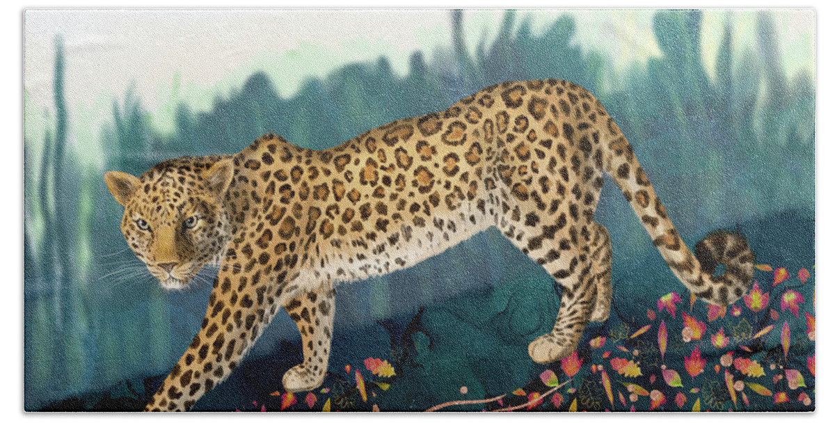 Amur Leopard Bath Towel featuring the digital art The Amur Leopard in the Woodlands by Andreea Dumez