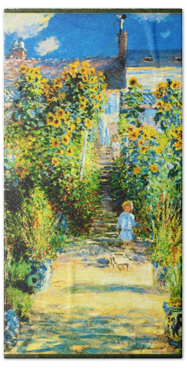 Claude Monet Bath Towel featuring the painting The Artists Garden at Vetheuil 1880 by Claude Monet