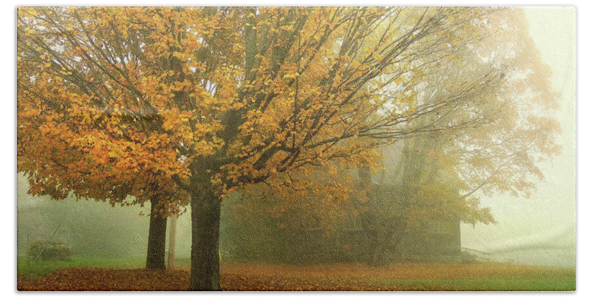 Vermont Hand Towel featuring the photograph The Barn in Autumn Mist by Nancy Griswold