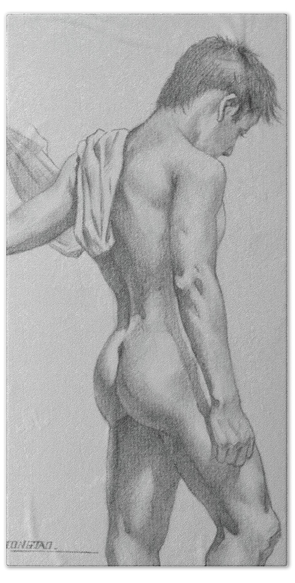 Male Nude Hand Towel featuring the drawing The Bathers by Hongtao Huang
