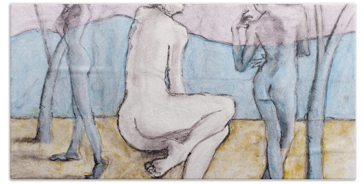 Life Drawing Bath Towel featuring the mixed media The Bathers by PJ Kirk