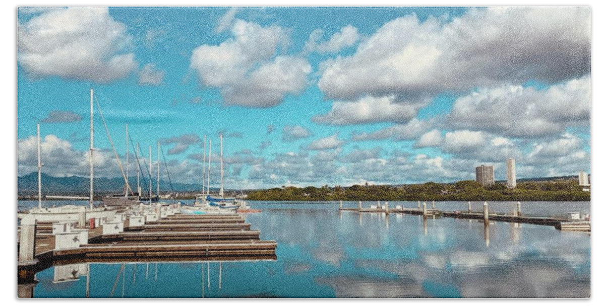 Boat Docks Bay Blue Sky Clouds Ocean Sun Boats Water Sun Reflections Hand Towel featuring the photograph The Bay at Pearl Harbor by Andrea Callaway